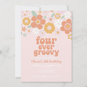Invitation Fleur Rétro Quatre Forever Groovy 4e anniversaire