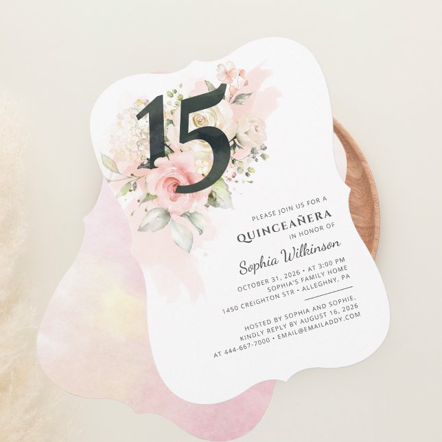 Invitation Fleur rose 15e anniversaire Quinceanera Party (Floral Quinceanera 15th Birthday Party Invitation)