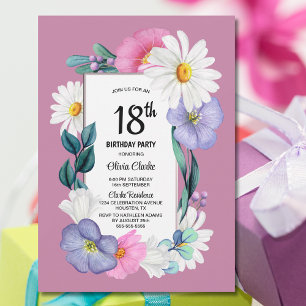 Invitation Fleur rose 18e fête d'anniversaire