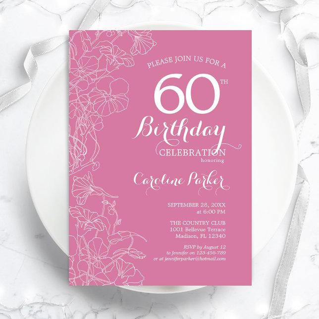 Invitation Fleur rose 60e fête d'anniversaire (Créateur téléchargé)