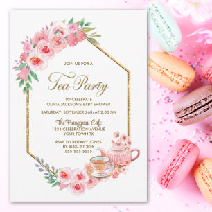 Invitation Fleur rose Baby shower Tea Party