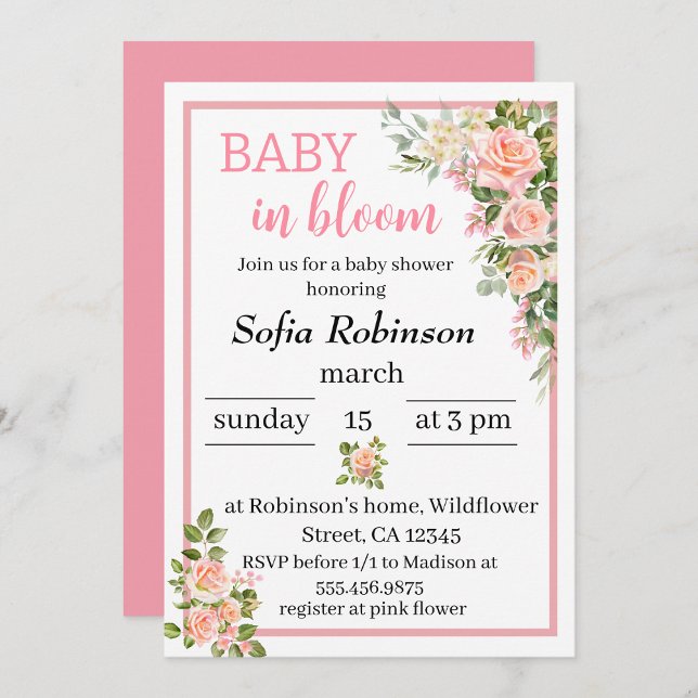 Invitation fleur rose bébé en fleurs fille baby shower (Créateur téléchargé)