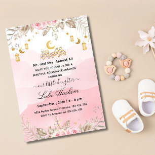 Invitation Fleur rose bébé fille musulmane Aqiqa Aqeeqa