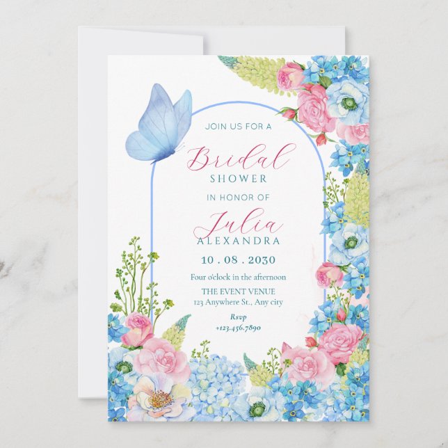 Invitation Fleur rose bleu fleur papillon douche nuptiale (Devant)