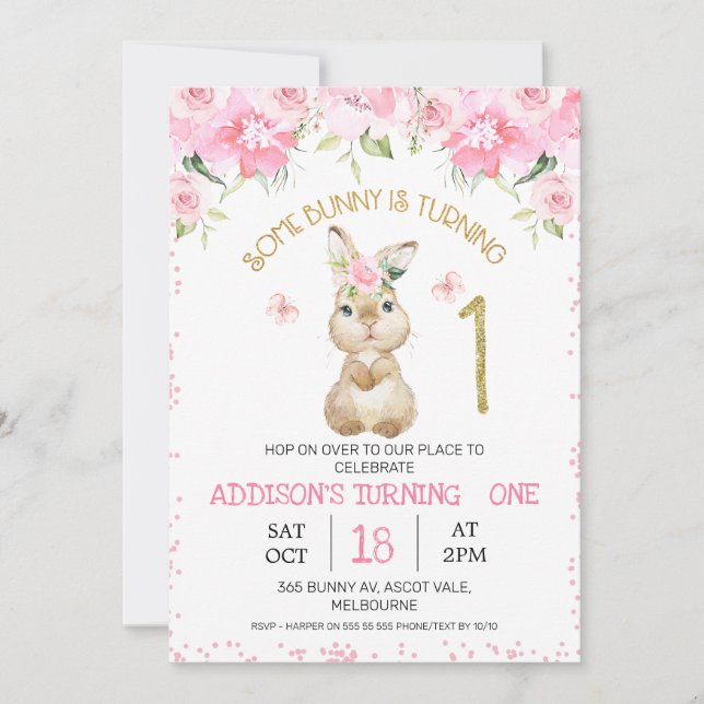 Invitation Fleur rose Bunny Or Bunny un premier anniversaire (Devant)