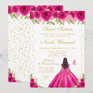Invitation Fleur rose chaud Sweet Sixteen princesse à peau fo