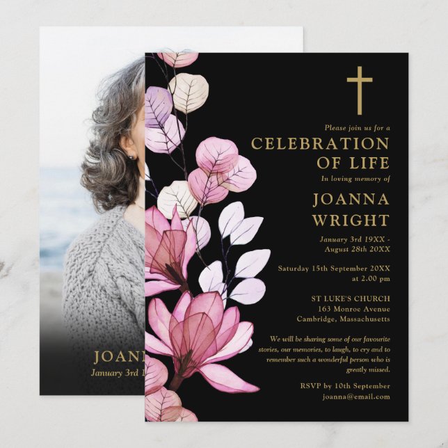 Invitation Fleur rose Christian Memorial Funérailles Photo (Devant / Derrière)