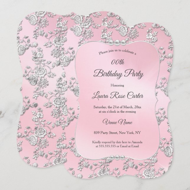 Invitation Fleur rose Damask Argent rose fête d'anniversaire (Devant / Derrière)