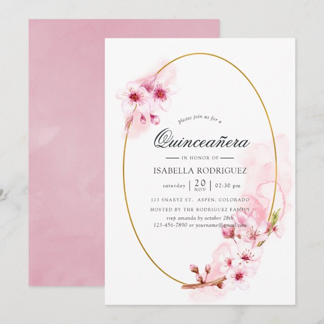 Invitation Fleur rose de cerisier Quinceañera (Devant / Derrière)