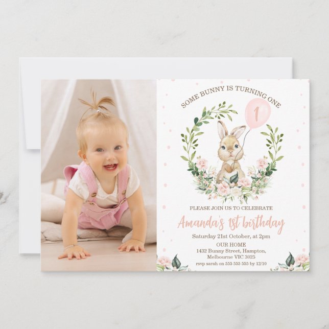 Invitation Fleur rose de couronne Photo Un lapin 1er annivers (Devant)