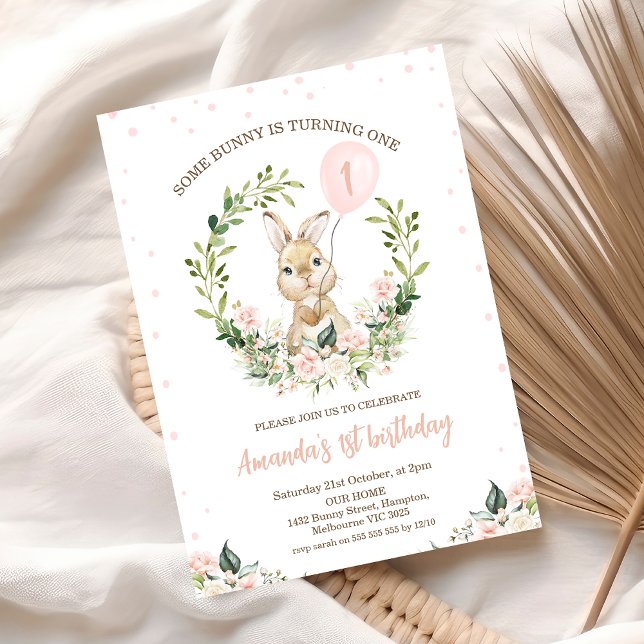Invitation Fleur rose de germe Un lapin 1er anniversaire (Some Bunny is One Invitation Template Printable, Some Bunny is turning 1 Invitation Template
)