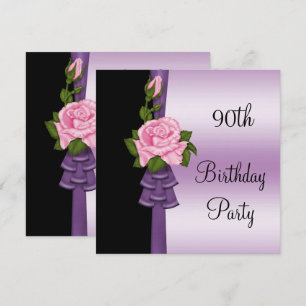 Invitation Fleur rose élégante et ruban violet 90e anniversai