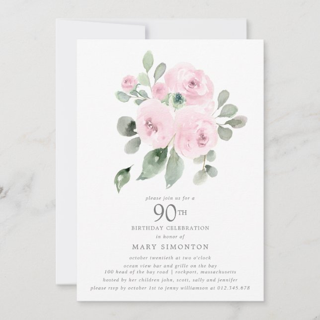 Invitation Fleur rose Eucalyptus 90ème anniversaire (Devant)