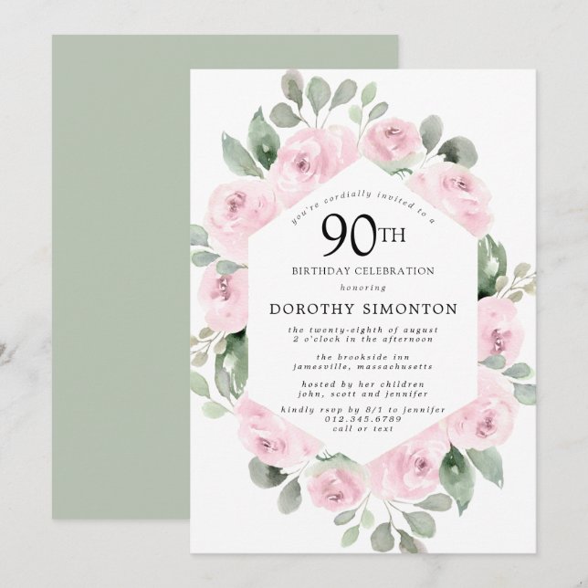 Invitation Fleur rose Eucalyptus 90ème anniversaire (Devant / Derrière)