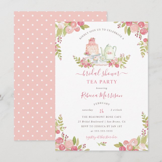 Invitation Fleur rose Fête des mariées d'aquarelle Tea Party (Devant / Derrière)