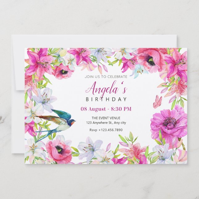 Invitation Fleur rose fleurie artistique anniversaire (Devant)