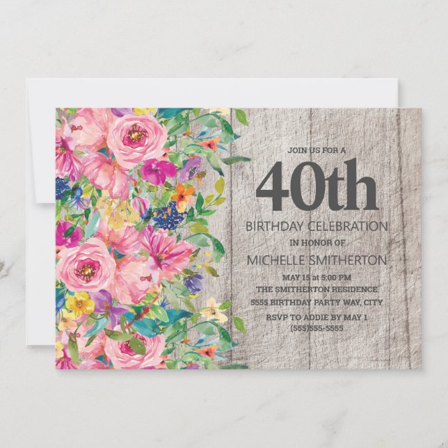 Invitation Fleur rose Floral Bois rustique 40e anniversaire (Devant)
