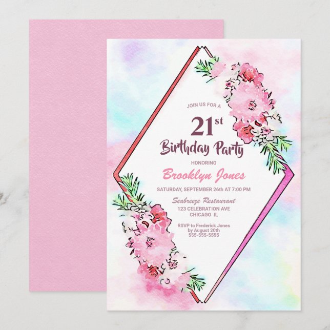 Invitation Fleur rose Géométrique 21ème anniversaire (Devant / Derrière)