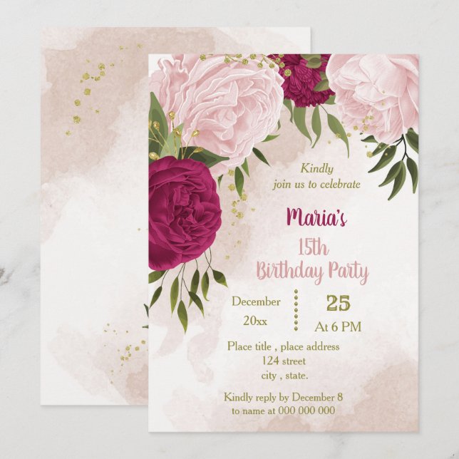 Invitation fleur rose magenta feuilles anniversaire vert (Devant / Derrière)
