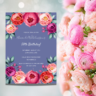 Invitation Fleur rose pâle bleu d'anniversaire élégant