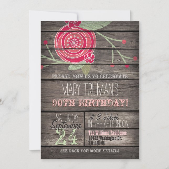 Invitation Fleur rose, Pays rustique 90ème anniversaire (Devant)