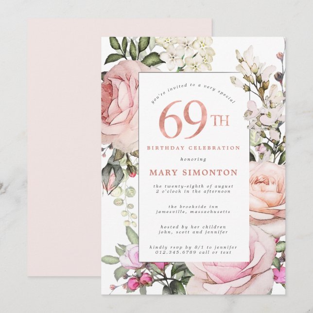 Invitation Fleur rose rose pâle 69e fête d'anniversaire (Devant / Derrière)