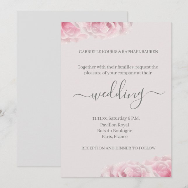 Invitation Fleur rose rose pâle gris brillant Mariage floral  (Devant / Derrière)