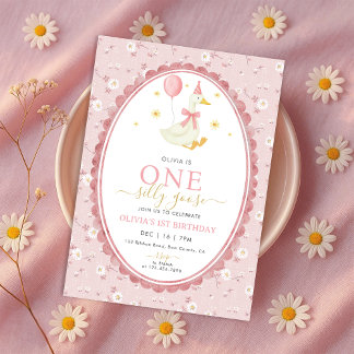 Invitation Fleur Rose Une Oie Ridicule Fille 1er Anniversaire