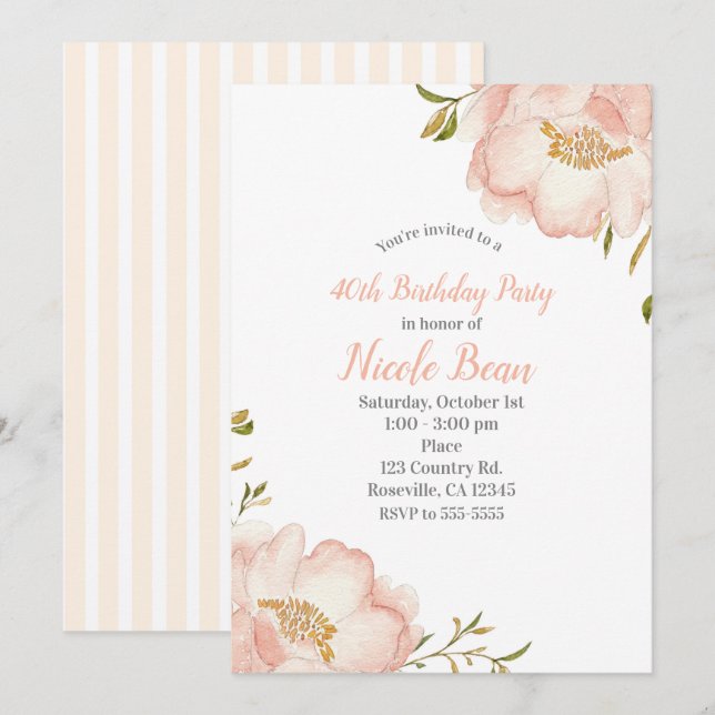 Invitation Fleur rose vif Floral moderne élégante fête d'anni (Devant / Derrière)