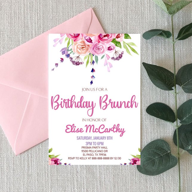 Invitation Fleur rose violet Floral Anniversaire Brunch Party (Créateur téléchargé)