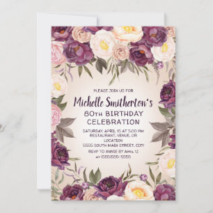 Invitation Fleur rose violet vintage 80e anniversaire