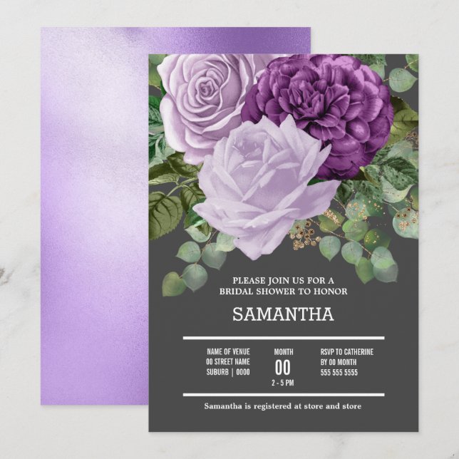 Invitation Fleur rose violette Lilac éclatant chic floraison  (Devant / Derrière)