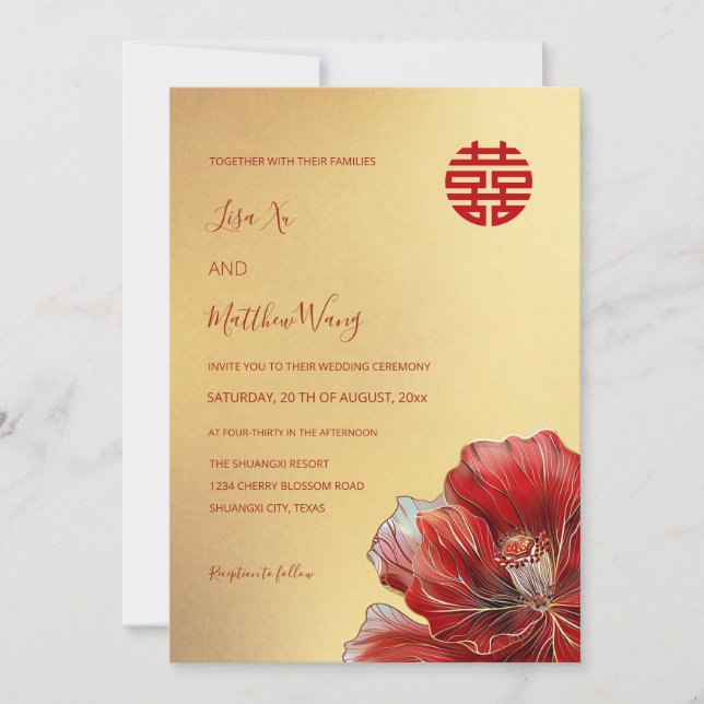 Invitation Fleur rouge bilingue | Mariage chinois (Devant)