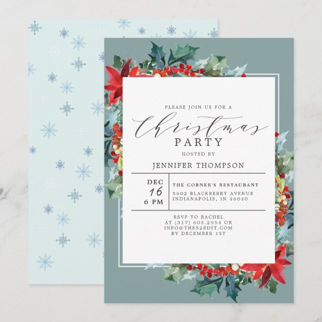 Invitation Fleur rouge élégante avec fête de Noël verte (Devant / Derrière)