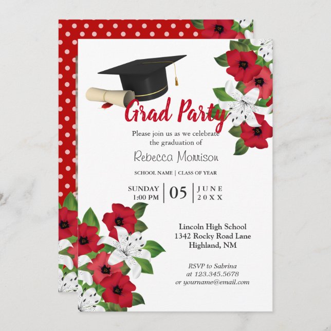 Invitation Fleur rouge et blanche 🎓 Graduation (Devant / Derrière)