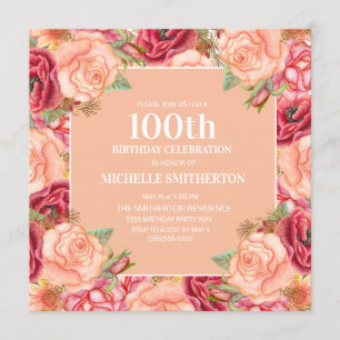 Invitation Fleur rouge rose 100e fête d'anniversaire Femmes