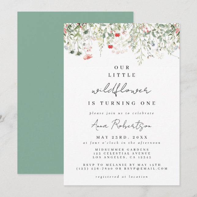 Invitation Fleur sauvage 1er anniversaire (Devant / Derrière)