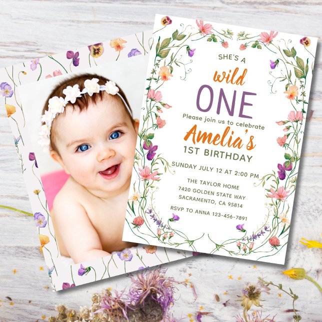 Invitation Fleur sauvage 1er anniversaire Wild One (Editable wildflower 1st birthday invite for baby girl with optional photo on back.)