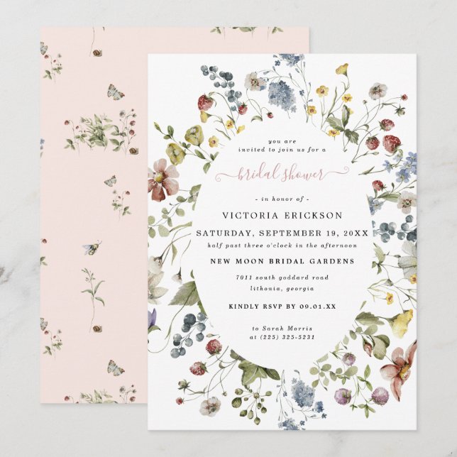 Invitation Fleur sauvage aquarelle | Fête des mariées florale (Devant / Derrière)