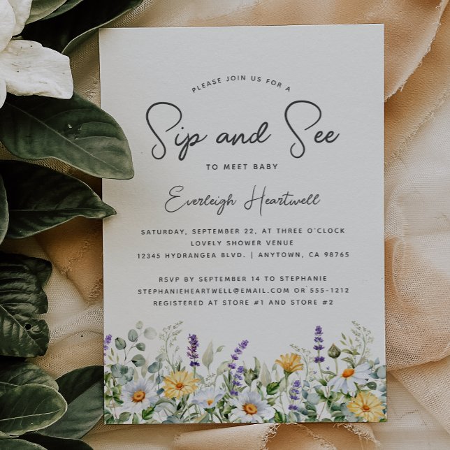 Invitation Fleur sauvage Aquarelle Sip et voir Baby shower (Créateur téléchargé)