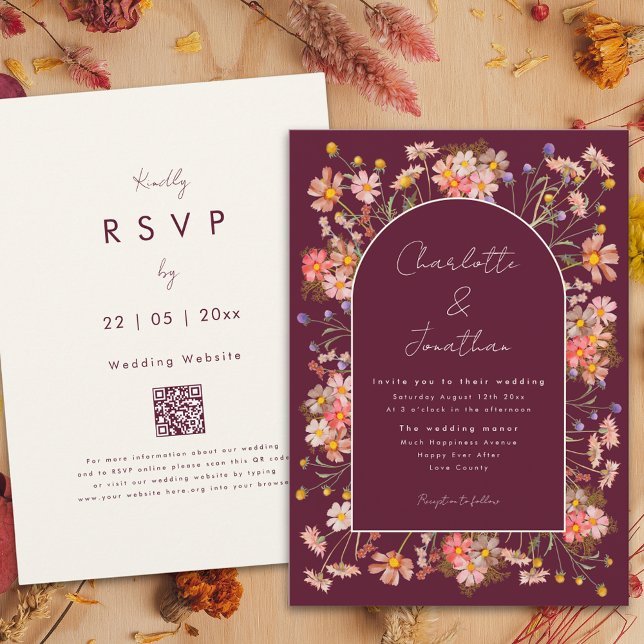 Invitation Fleur sauvage Arch Bourgogne Mariage de automne en (Boho chic wildflower arch burgundy terracotta burnt orange fall wedding invitation )