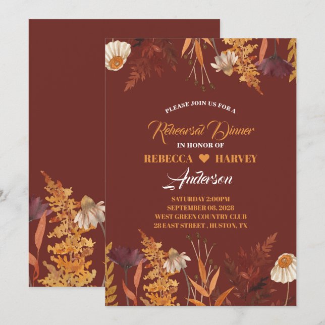 Invitation Fleur sauvage Automne Dîner de répétition Mariage  (Devant / Derrière)