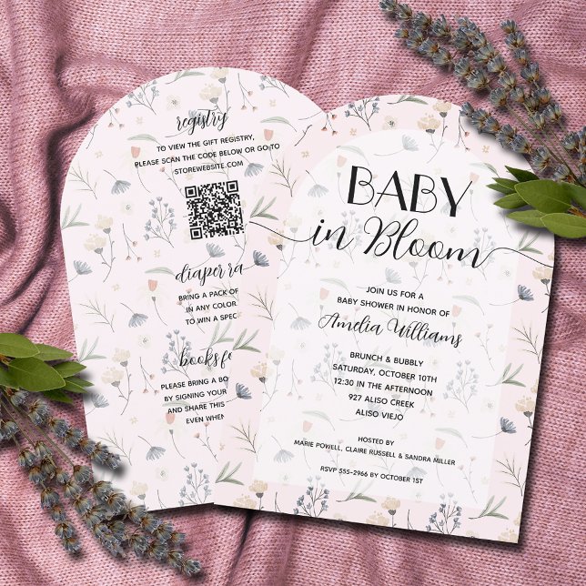 Invitation Fleur sauvage Baby en Fleur Fille Toutes dans une  (Wildflowers on pink girl Baby in Bloom all in one shower invitations)