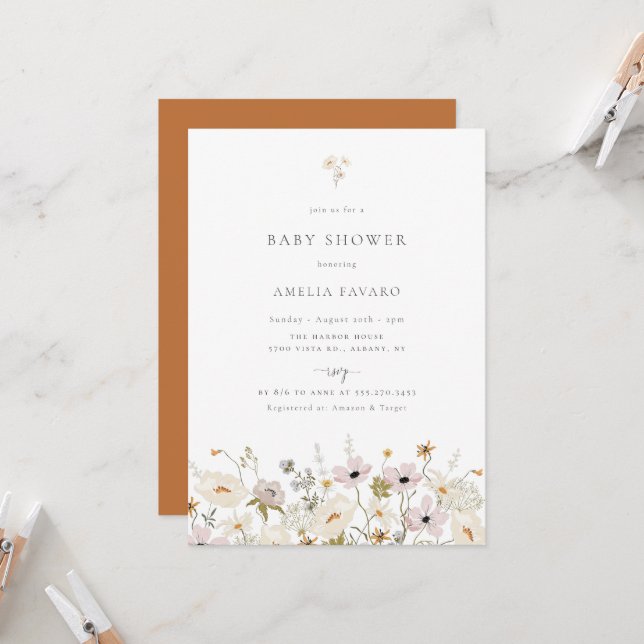 Invitation fleur sauvage Baby shower (Devant/Arrière en situation)