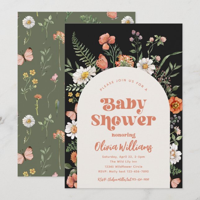 Invitation fleur sauvage Baby shower | Bébé sauvag (Devant / Derrière)