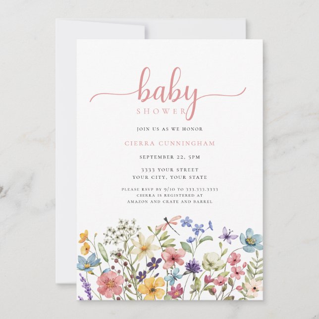 Invitation fleur sauvage Baby shower rose (Devant)