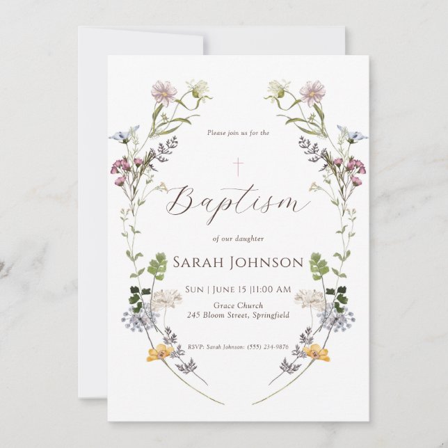 Invitation fleur sauvage Baptême (Devant)