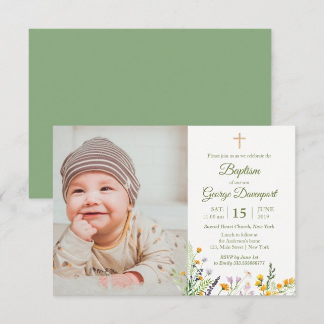Invitation Fleur sauvage Baptême photo personnalisée Invitati (Devant / Derrière)