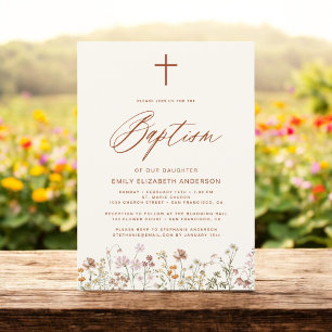 Invitation Fleur sauvage Baptême Script Beige neutre
