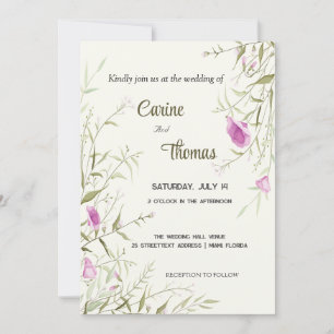 Invitation Fleur sauvage, belles fleurs, mariage dessiné à la